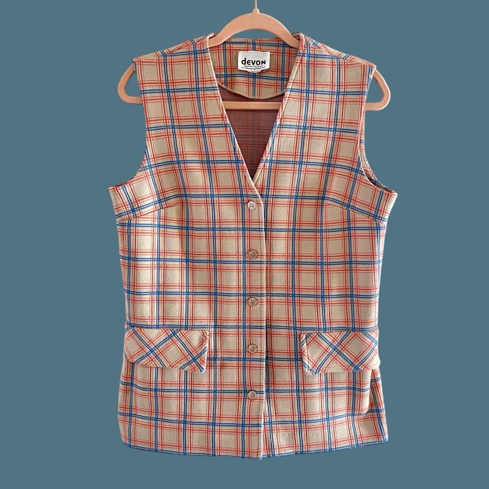 Vintage Devon Dacron Polyester Plaid Women’s Button Front Vest SZ M-L